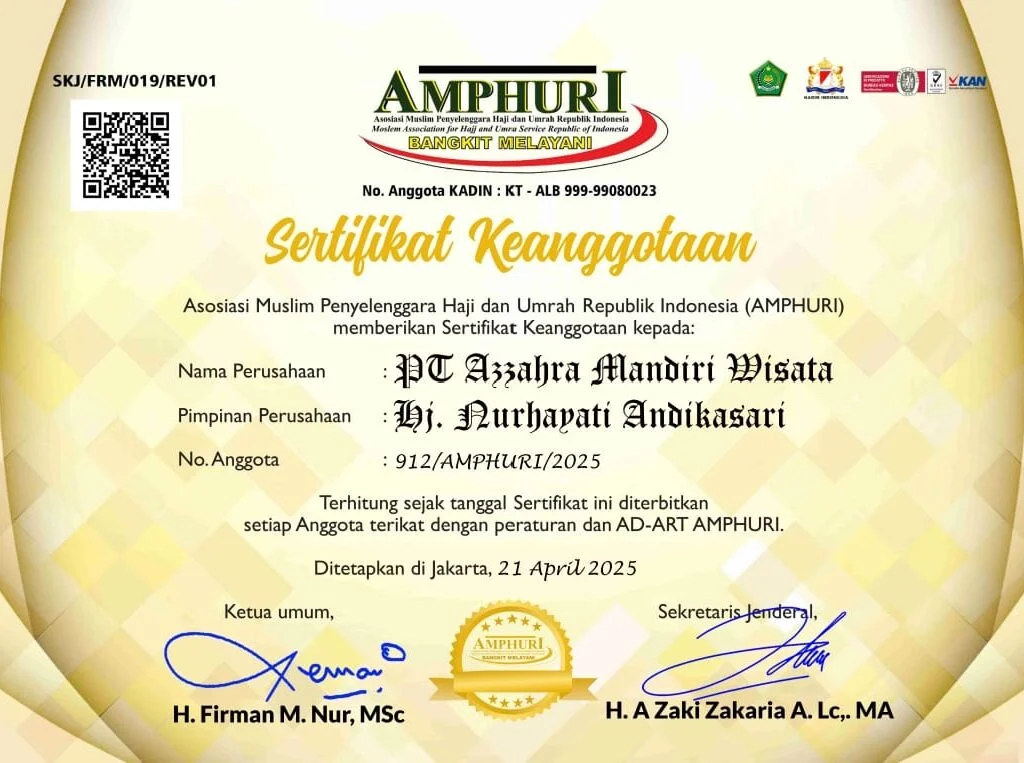 Sertifikat keanggotaan AMPHURI PT Azzahra Mandiri Wisata